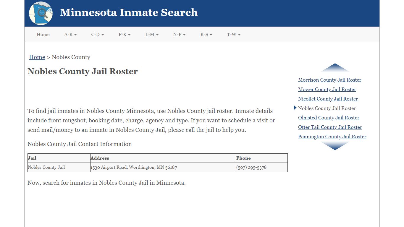 Nobles County Jail Roster - Minnesota Inmate Search